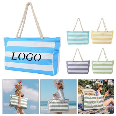 Striped Large-Capacity Travel Tote Bag with Rope Handles