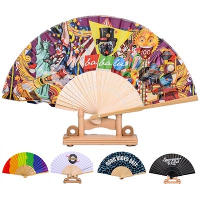 Full Color Folding Fabric Fan w/ Wood Handle